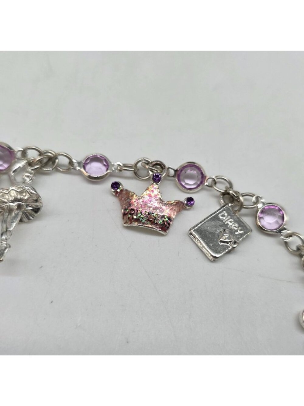 Princess-Themed Charms Bracelet Silver Tone With Pink & Purple Stones & - Picture 9 of 11